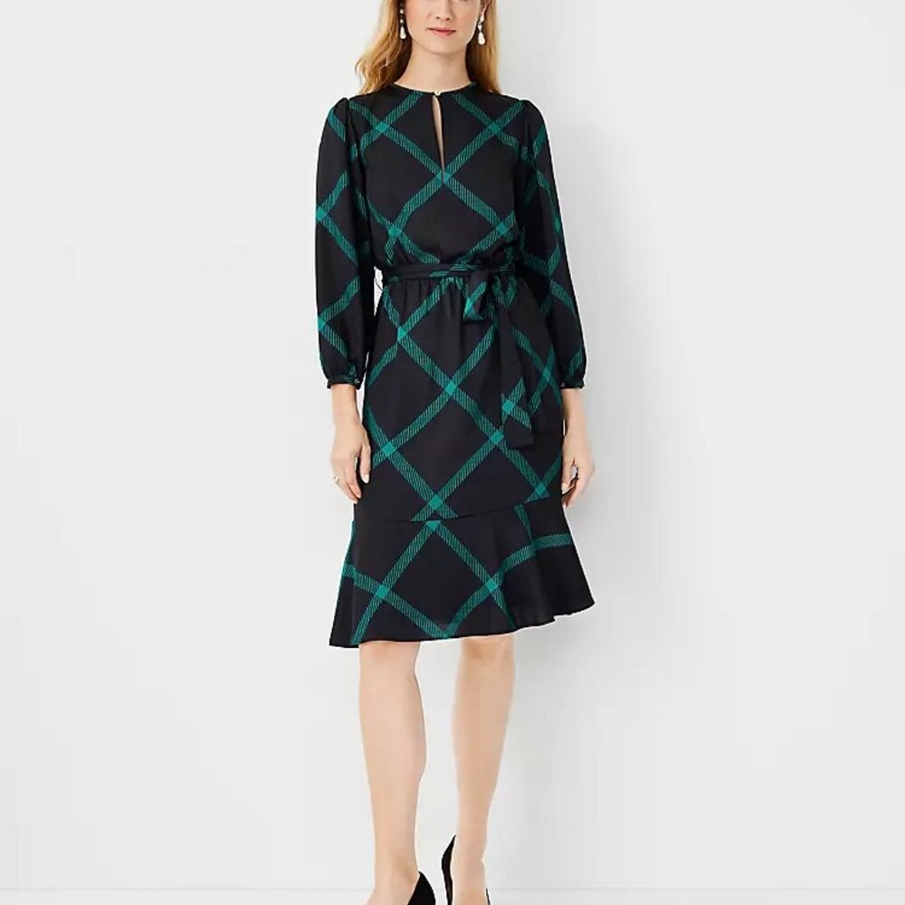 Ann Taylor Windowpane Slit Neck Flare Dress